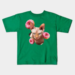 Sphynx cat with pink donuts Kids T-Shirt